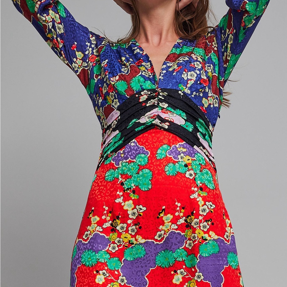 Rixo Asian Floral Print Silk Party Dress L